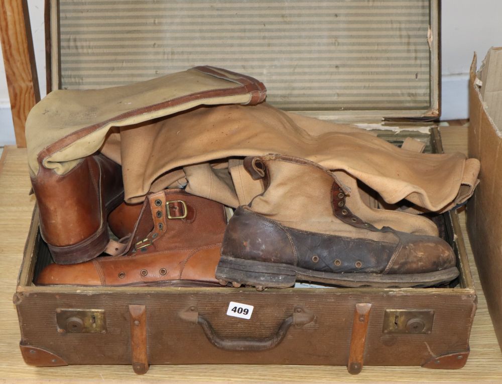 A pair of vintage Northampton riding boots, two pairs of wading boots and angling ephemera